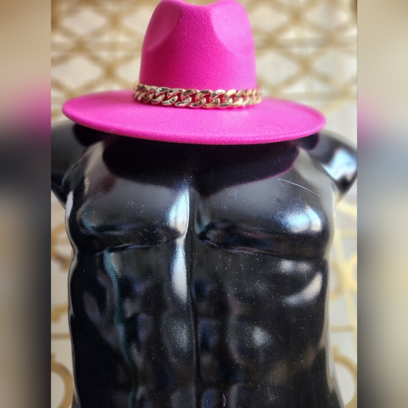 Fuschia Pink Fedora with Faux Gold Chain - Picture 2 of 15